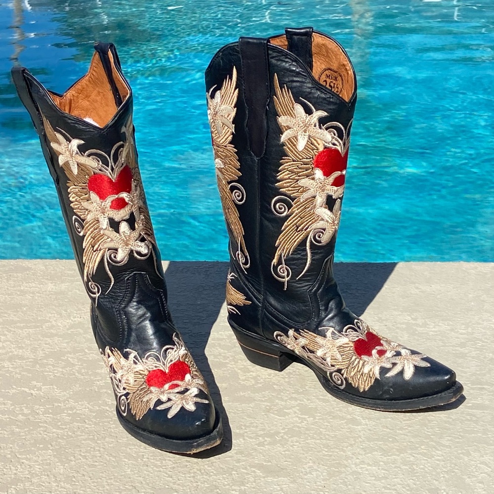Cowboy Pro Leather Boots Black With Red Embroidered Heart Wings‎ Edelweiss 8.5